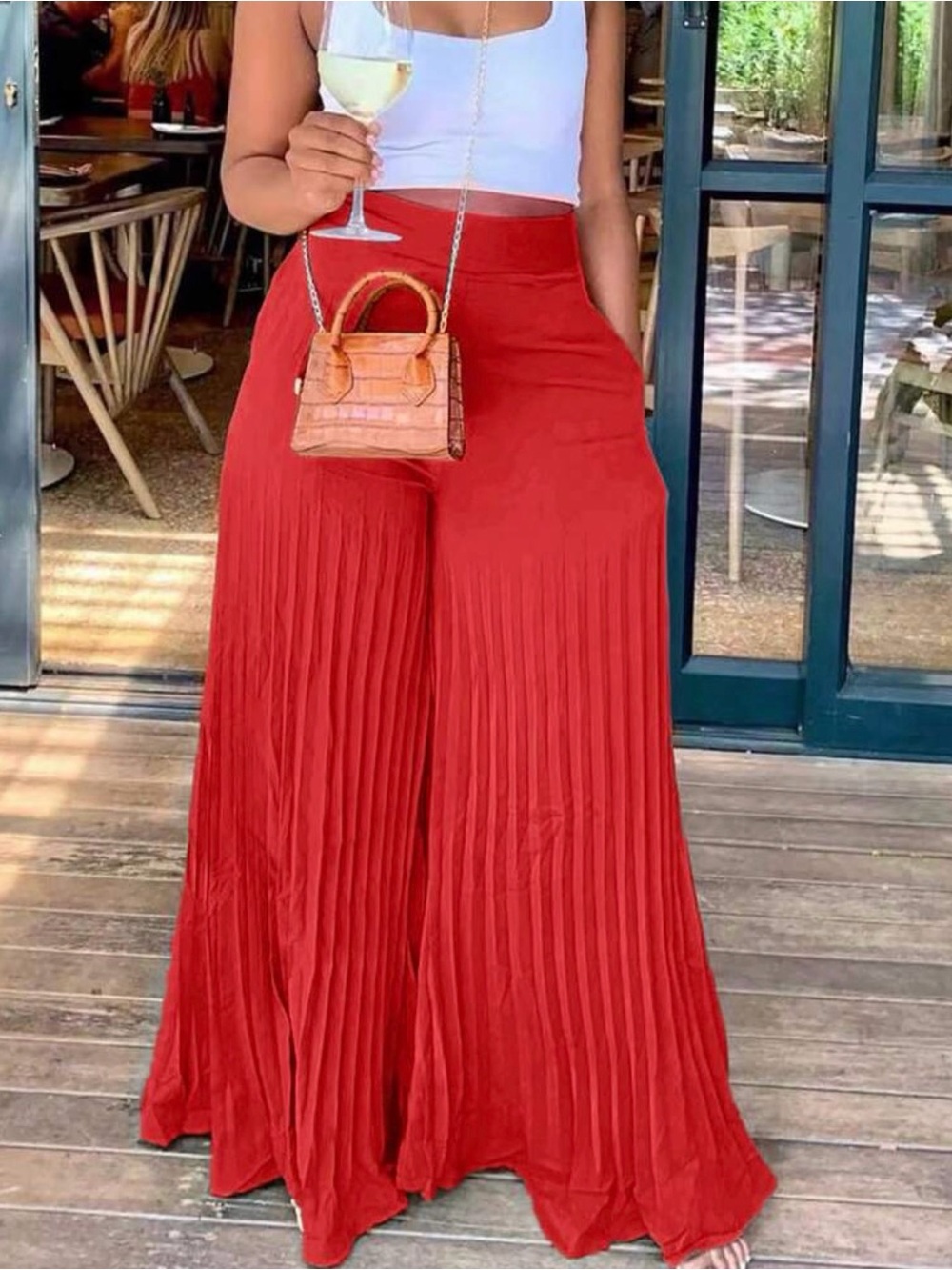 SHEIN Red High-Waist Pleated Wide-Leg Palazzo Pants